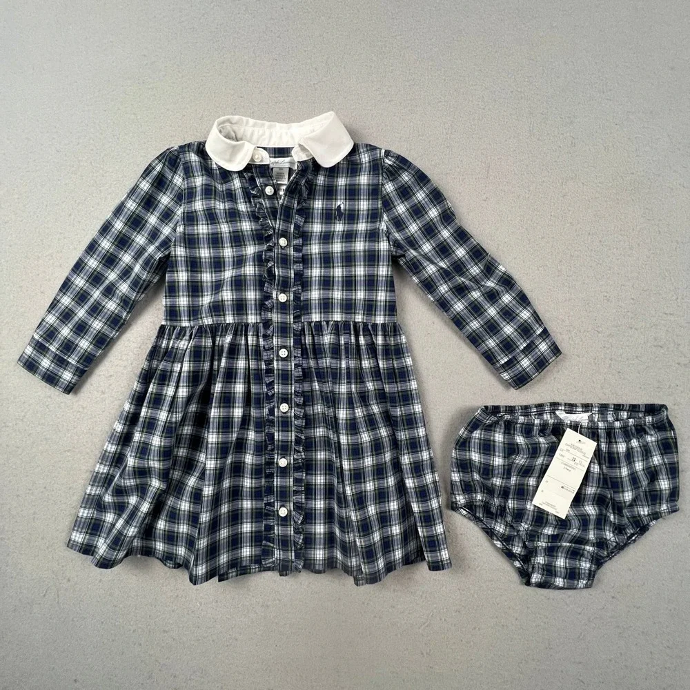 Ralph Lauren Plaid Dress Set Kids 18M Navy Green Ruffle Peter Pan Collar Preppy